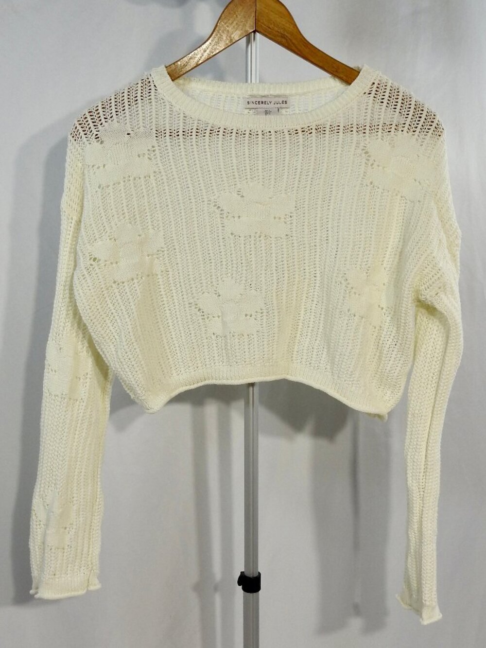Sincerely Jules Sz S Cropped Cream Sweater Open Knit Floral Design 90s Style